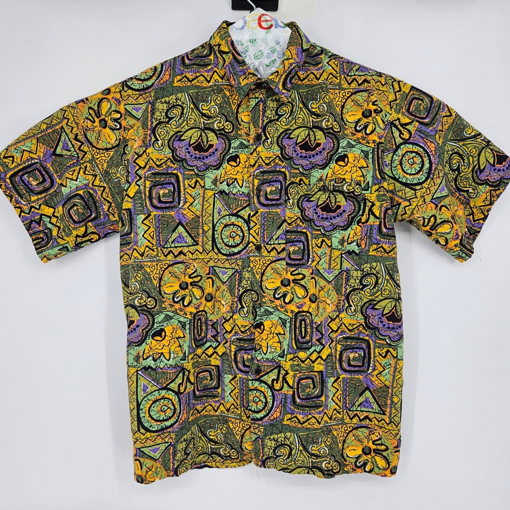 Vintage Time Out Shirt Mens‎ Large Button Up Geometric Short Sleeve Casual